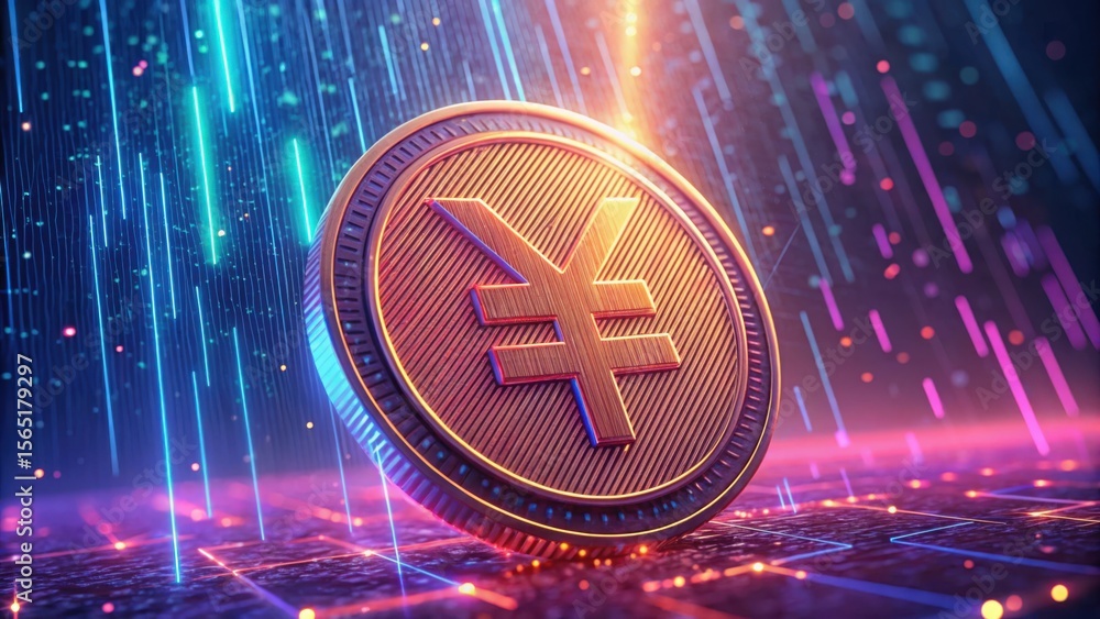 Aufkleber digital yuan coin with rain effect and vibrant colors in background
