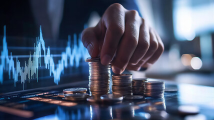 Hand placing a coin on a stack of coins, illustrating the concept of saving money, financial growth, investment with hands counting coins bar chart on a digital financial graphs