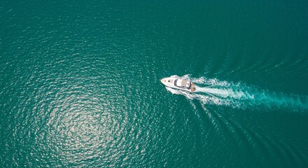 Obraz premium Aerial View of Luxury Motorboat Cruising Teal Waters