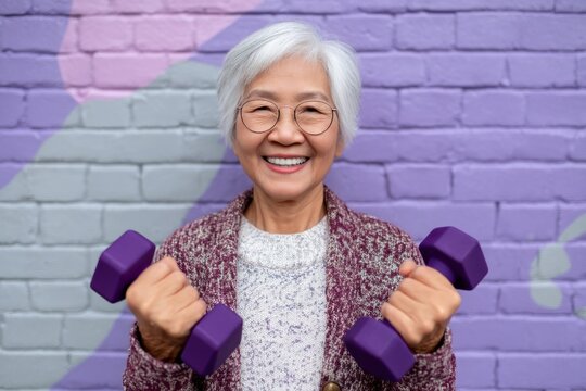 An Asian senior woman exercises and trains in the comfort of her own home gym with dumbbells and a distinctive red brick wall backdrop