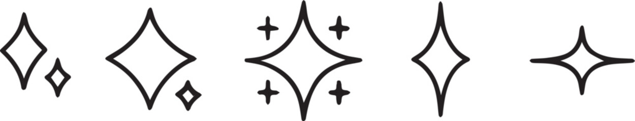 Illustration of five different black sparkles on a white background