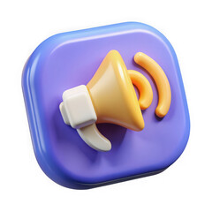Yellow megaphone with sound waves on purple square