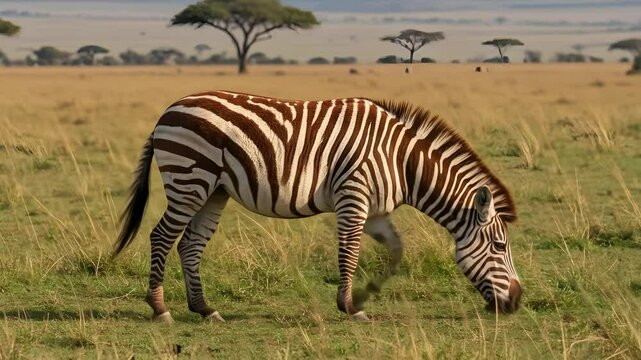 Plains Zebra Grazing in African Savanna Grassland on Sunny Day
