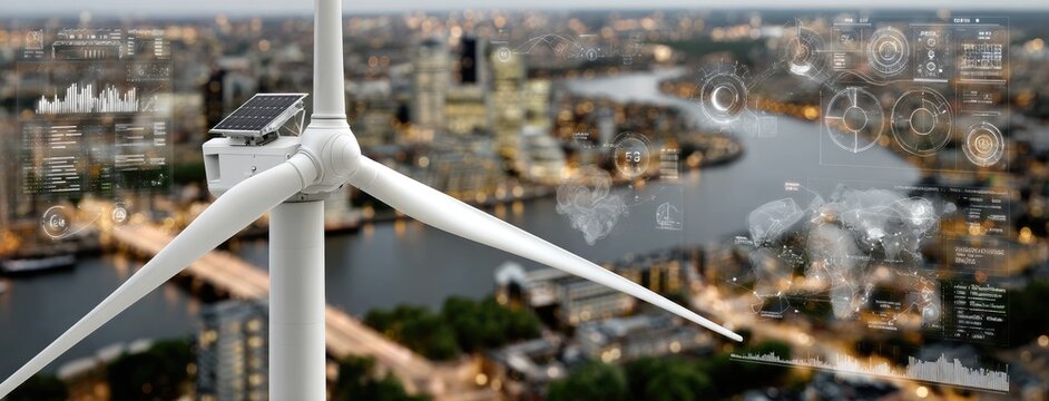 A wind power model displays a digital hologram against a lively city night, highlighting innovative green energy solutions