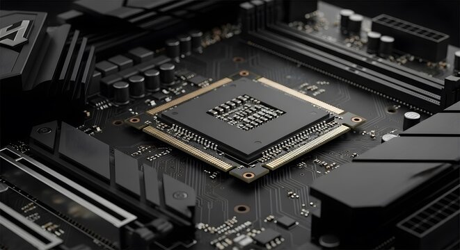 Closeup view of a modern computer motherboard, showcasing intricate circuitry and a central processing unit. Gold connectors and black components create a sleek aesthetic.