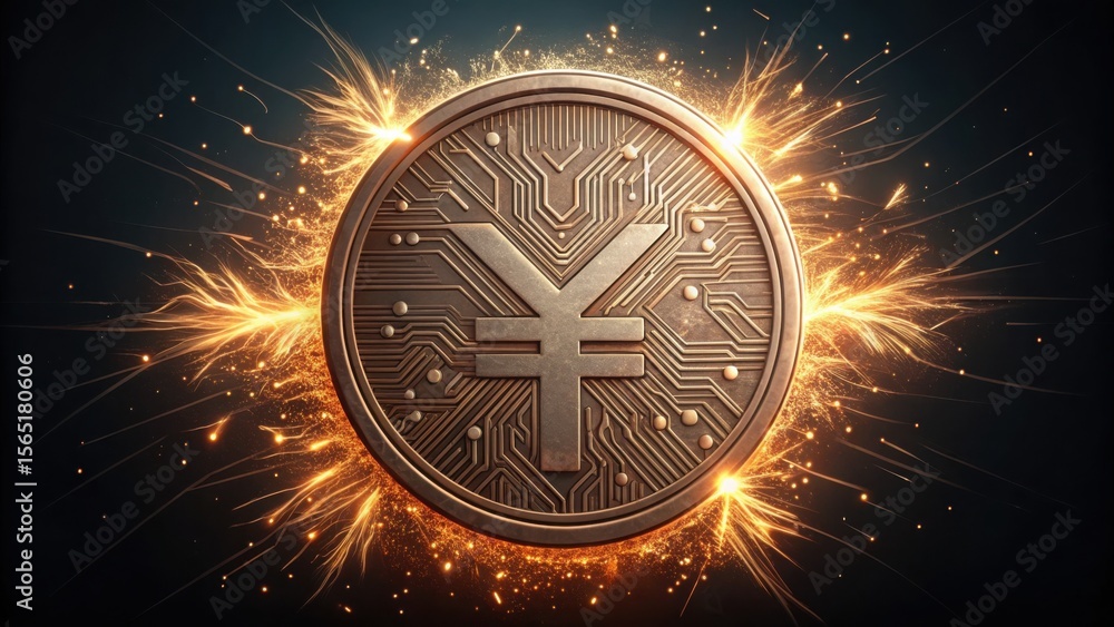 Poster detailed illustration of a yuan coin with circuit patterns and sparks