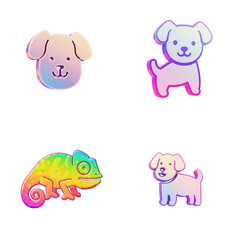 Colorful cartoon pets including dogs and a chameleon in playful style  