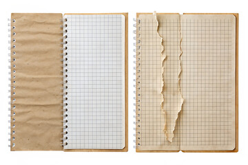 Two vintage open notebooks with grid paper are isolated on transparent background