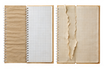 Two vintage open notebooks with grid paper are isolated on transparent background