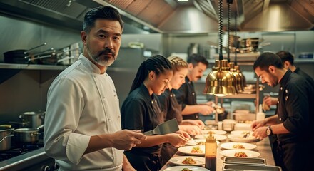 Culinary Masterpiece A Chef Oversees His Team, Precision and Passion in Every Dish, Creating a Gastronomic Symphony in a Modern Kitchen