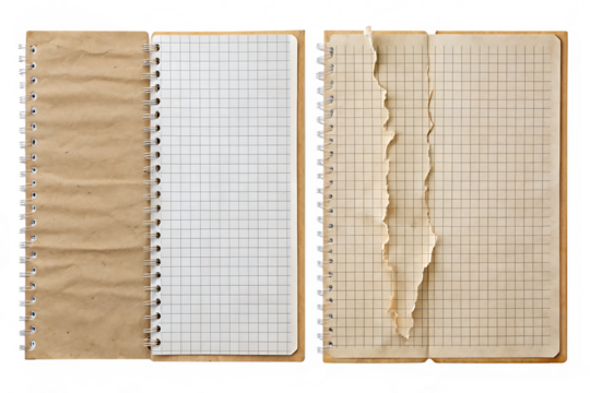 Two vintage open notebooks with grid paper are isolated on transparent background