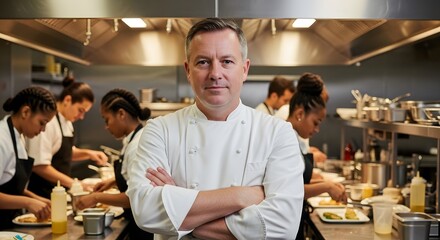 Confident Head Chef Stands Tall, Arms Crossed, Amidst Busy Kitchen Staff Preparing Delicious Dishes. Culinary Expertise and Teamwork Shine.