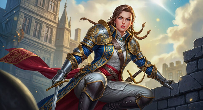 Valiant Female Knight in Ornate Armor with Swords in a Grand Cityscape