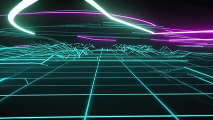 Glowing lines form a grid with abstract topography, neon streaks above - Powered by Adobe
