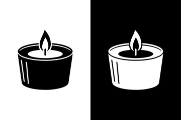 black and white Burning candle vector icon with glowing flame, for holiday or romantic decoration