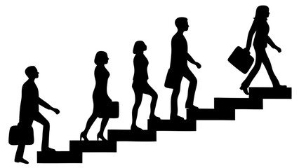 Vector silhouette set of business people walking up stairs in various climbing poses. Black isolated shapes on white background. Ideal for success, progress, or teamwork concepts.