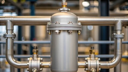 A medium closeup that captures the detailed engineering of a condensate separator with pipework leading to and from the unit for efficient gas purification..