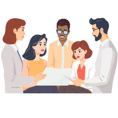 Obraz premium A group of five consultants are discussing performance reviews. They appear focused and collaborative, with laptops and notes in front of them.