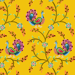 Colourfull Peacock Illustration With Jaal and Leaves Pattern Ready to Print
