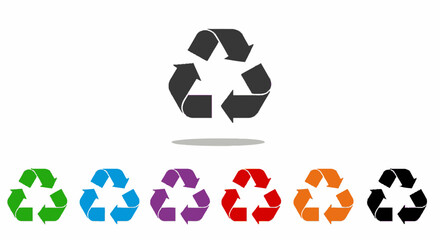Assorted recycling symbols in various colors, arranged in two rows