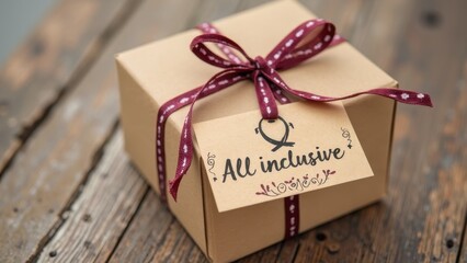 a cardboard box tied with red tape on which hangs a card on which it is written "All Inclusive"
