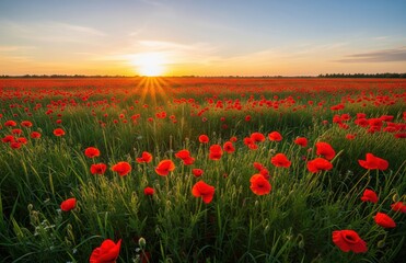 Blooming poppy field under sunset sky forms gentle natural landscape filled with red flowers and golden light