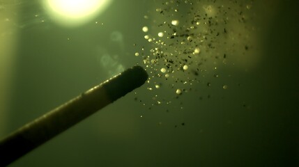 Soft ash flakes falling from a burning incense stick in a quiet space with subdued lighting