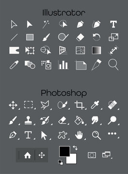 Vector icon set of popular graphic design and editing tools on a dark background. Perfect for tutorials, interface concepts, and creative projects. Flat minimal style for digital use.