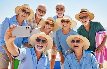 Smiling seniors pose for cheerful selfie during beach trip showing friendship and joy of active aging life
