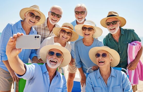 Smiling seniors pose for cheerful selfie during beach trip showing friendship and joy of active aging life