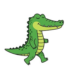 Obraz premium Happy Alligator Walking Calmly with a Smile, Fun Green Crocodile Character Illustration Isolated on White Background