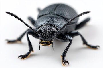 Black Beetle Close Up - Detailed close-up of a black beetle on a white background, showcasing its intricate details and texture