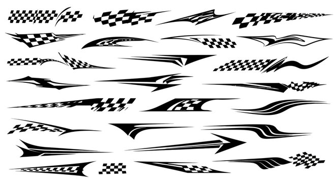 Dynamic Black and White Racing Decals with Checkered Flags.