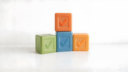 Three colorful cubes with checkmark symbols arranged in a minimalist studio environment on a white background.