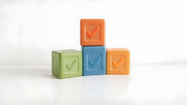 Three colorful cubes with checkmark symbols arranged in a minimalist studio environment on a white background.