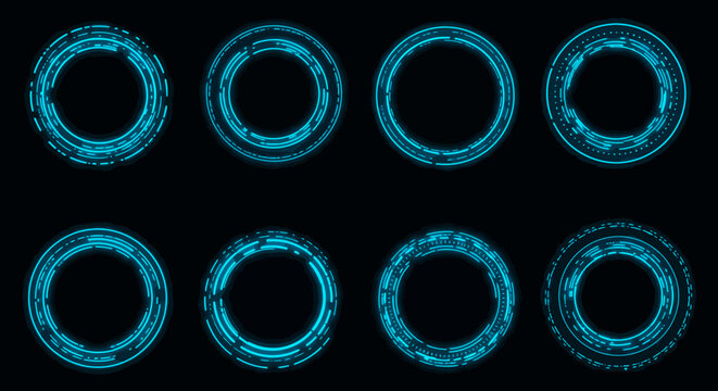 Eight Glowing Cyan Circular HUD Elements