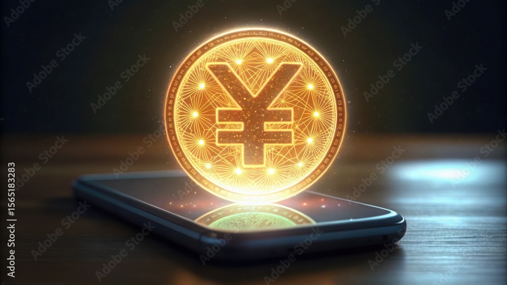 Poster digital yuan hologram projected on phone screen with gigapixel standard