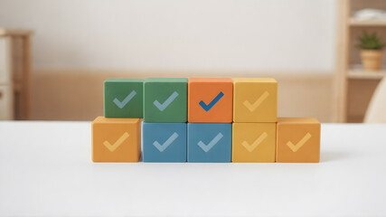 Organized cubes with checkmarks in a color-coordinated arrangement on a clean desk for productivity visualization.
