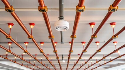 An intricate network of fire suppression sprinklers embedded in the ceiling designed to release a fine mist of water during a blaze highlighted by the ambient lighting above..