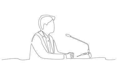 Continuous one line drawing of executive with microphone in meeting, leadership in business seminar concept, single line art