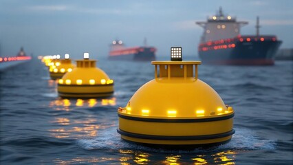A of navigation buoys illuminated by LED lights assisting the autonomous vessel in maintaining its route amidst busy shipping lanes..