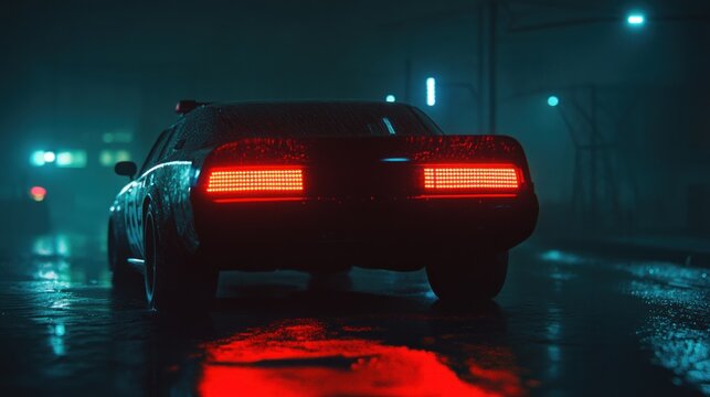 Retro car at night, neon lights, rainy city street