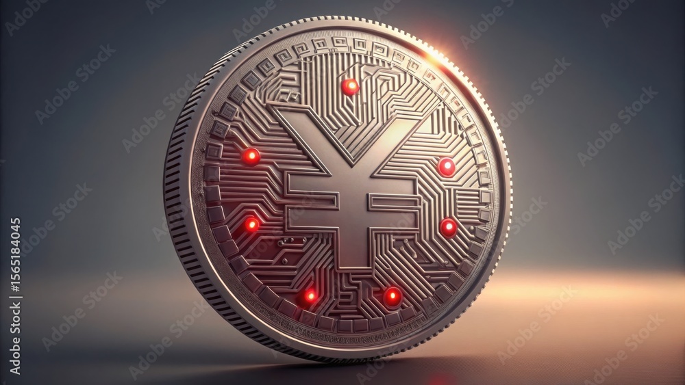 Poster digital yuan coin with circuit design and red light accents