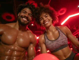 In a gym setting, strong and healthy male and female athletes collaborate on an exercise or training regimen, prioritizing health, wellness, and fitness through joint activities