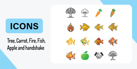 Icon Set of Tree, Carrot, Fire, Fish, Apple and handshake