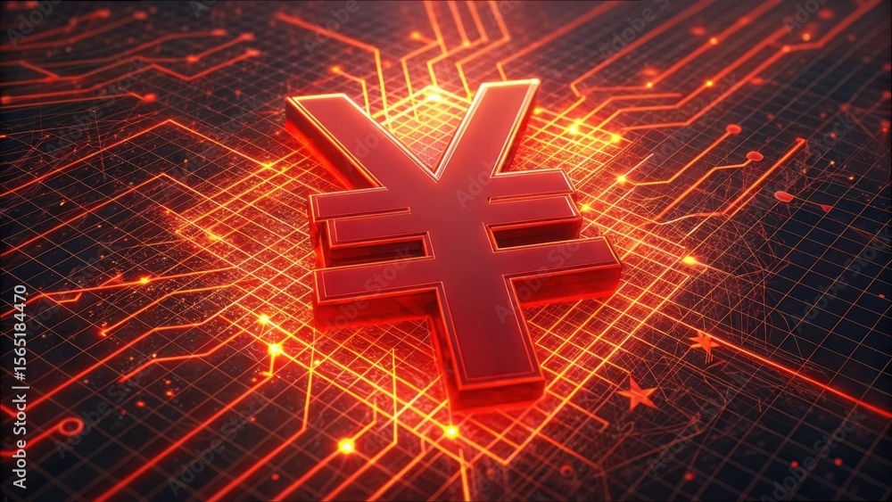 Poster Detailed Macro Image of Red Yuan Sign on Digital Grid Background