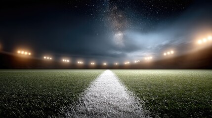 A vibrant soccer stadium comes alive at night with bright lights and a starry sky, capturing the essence of thrilling matches in progress