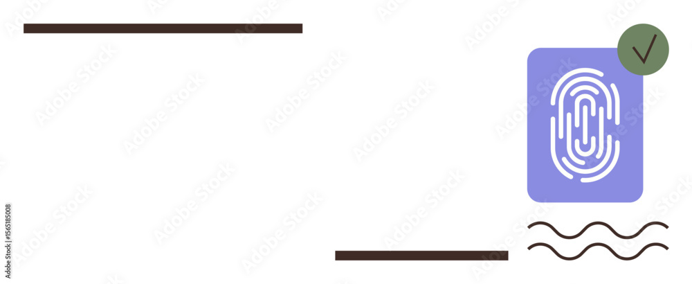 Poster fingerprint inside a rectangle with a checkmark symbolizing secured identity validation. wavy lines 