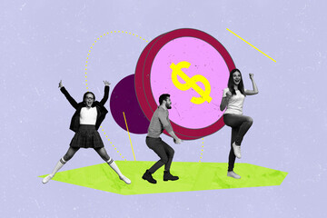 Composite zine pop trend collage of happy business partners hold big dollar coin capital progress...
