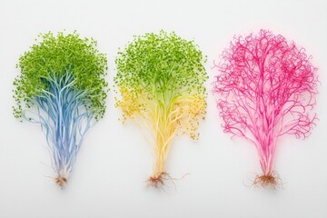 Fototapeta premium Microgreen plants, comprising mustard, chia, amaranth, and radish, are being held in a person's hand, showcasing dense greenery on a fabric with a white background